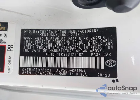 2016 Toyota Camry Se z USA, uszkodzony, nr VIN 4T1BF1FK9GU175187